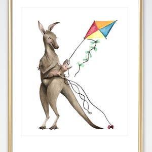 Kangaroo Painting Joey with Kite Letter K// Pastel Neutral Nursery Decor// Watercolor // Preschool ABC Wall Art image 1