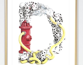 Dalmatian hand-painted Watercolor // Letter D Dogs Neutral Nursery Decor by Brandie Lee // Classroom ABC Wall Art Prints