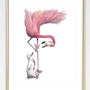 Pintura em aquarela Flamingo e bebê // Animal Letter F // por Brandie Lee // Decoração neutra de berçário // Impressões de arte de parede ABC para sala de aula