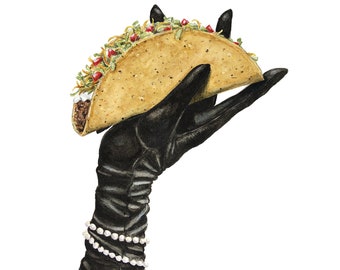 Black Satin Glove with Taco - Hand Holding Taco Watercolor