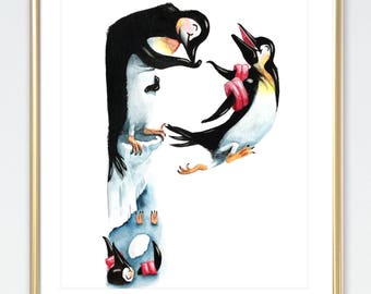 Pinguino pittura animale lettera P / / Playful Penguins / / pastello neutri Nursery Decor / / acquerello / / prescolare ABC Wall Art