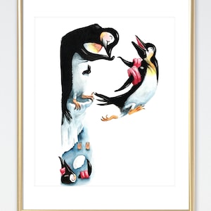Pinguino pittura animale lettera P / / Playful Penguins / / pastello neutri Nursery Decor / / acquerello / / prescolare ABC Wall Art immagine 1