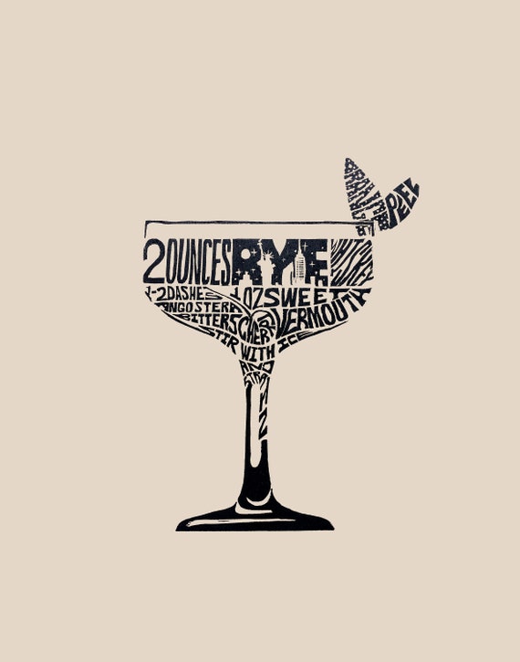 Letterpress Martini Print Gin Martini Linoleum Cocktail Recipe Design by BirdsFlyOver