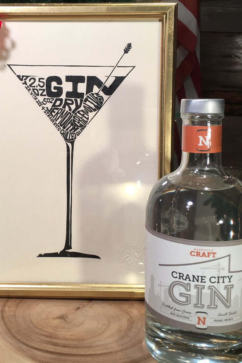 Letterpress Martini Print Gin Martini Linoleum Cocktail Recipe Design by BirdsFlyOver