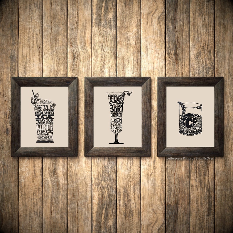 Letterpress Martini Print Gin Martini Linoleum Cocktail Recipe Design by BirdsFlyOver