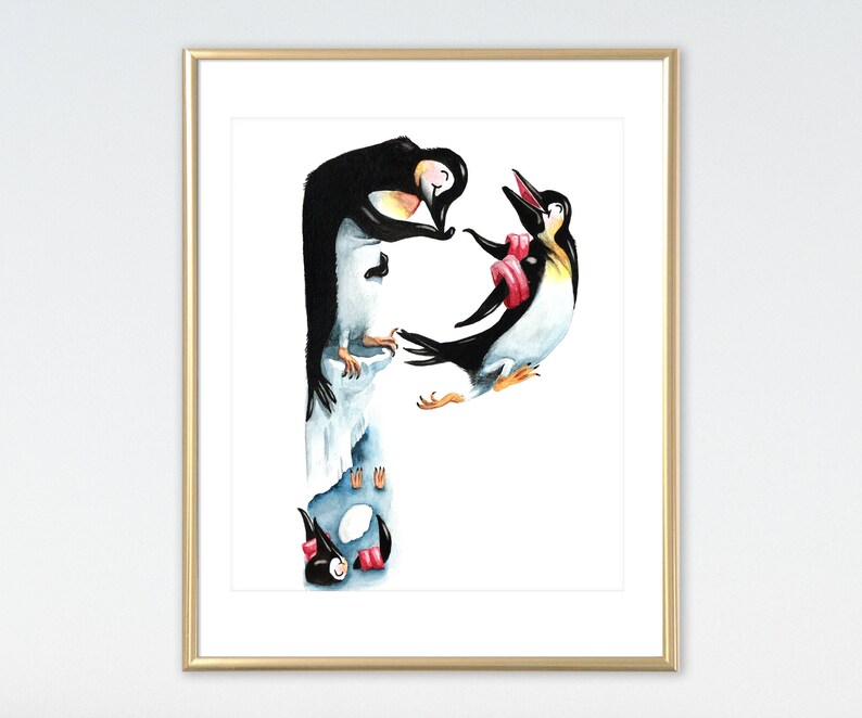 Pinguino pittura animale lettera P / / Playful Penguins / / pastello neutri Nursery Decor / / acquerello / / prescolare ABC Wall Art immagine 1