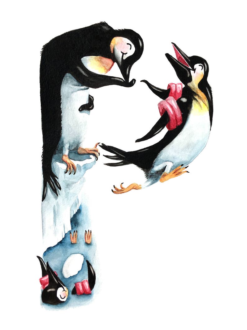 Pinguino pittura animale lettera P / / Playful Penguins / / pastello neutri Nursery Decor / / acquerello / / prescolare ABC Wall Art immagine 3