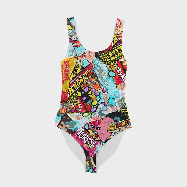 Candy Is Dandy Bathing Suit Unusual Lover Pop Art Collage Swimming Adult Fashion Trendy Apparel Bright Colors Comfy Sportive - DesignbyWoody