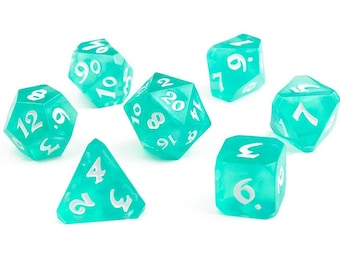 Aqua Blue RPG Dice Set | White Numbers, Avalore DND Dice