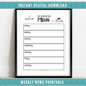 Wekelijks menu afdrukbaar, leuke maaltijdplanner, maaltijdplanner, afdrukbare organisatielijst, eenvoudige planner, digitale download