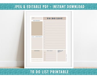 Editable Daily Planner Printable & PDF, Productivity Planner, Checklist Printable, Neutral Planner, Digital Download