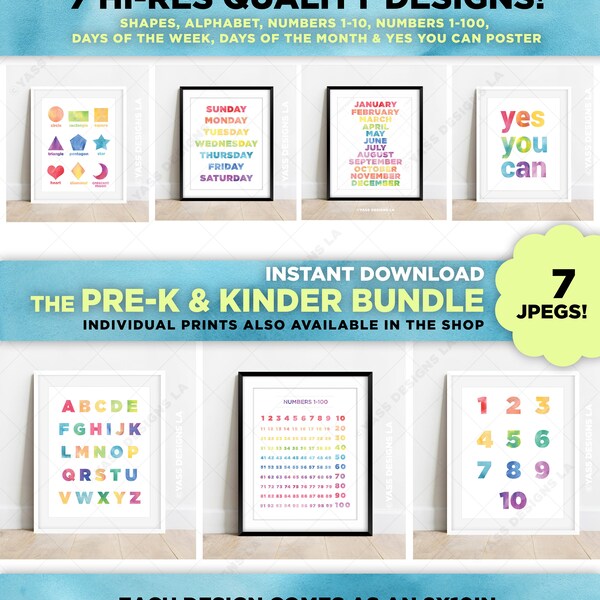 Classroom Decor Bundle Set of 7 Digital Prints, ABC Chart, Alphabet Chart, Number Chart, Days of Week Month Chart, Kids Wall Art, Printables