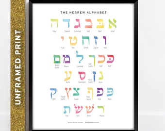 Hebrew Letters Alphabet Chart Print, Aleph Bet Classroom Art, Jewish Learning Poster, Judaica Kids Babies Art, Hebrew Chart Print