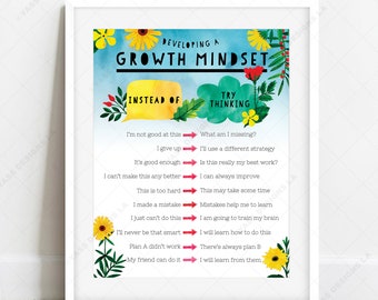 Growth Mindset Poster Digital download, Homeschool Printable, Positive Preschool Elementary Classroom art Printable, Kids art