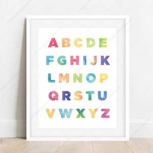 Arco iris alfabeto ABC gráfico digital cartel impresión descarga, playroom Decor, decoración de aula preescolar, arte imprimible gráfico para niños