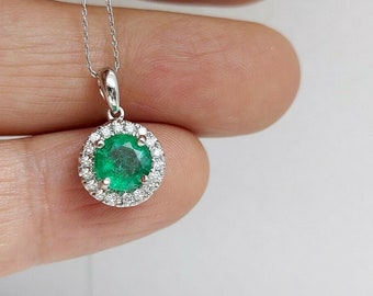 1.78Ct Genuine Natural Round Emerald And Diamond Pendant In Solid 18K White Gold
