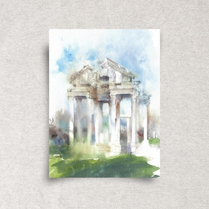 Greek landscape ORIGINAL watercolor painting, Apollo temple wall art, travel gallery wall, history lover gift,  9x12&quot;, unframed