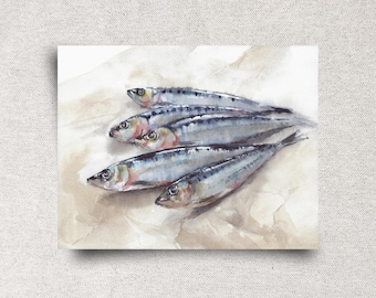 Sardines ORIGINAL Watercolor Painting - Maritime Kitchen Art - Seafood Illustration - Fish Still Life Artwork - 9x12"