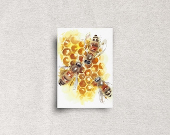 Honey Bees on Honeycomb Original Watercolor Painting – Rustic Farmhouse Wall Décor – 5x7" - Unframed