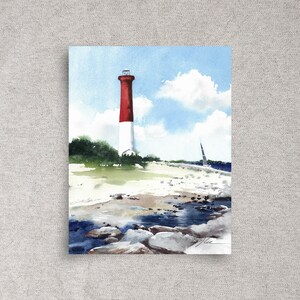Barnegat lighthouse ORIGINAL coastal watercolor painting, New Jersey shore landscape wall art, coastal home décor, 9x12&quot;, unframed