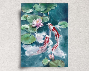 Koi Fish ORIGINAL Watercolor Painting - Zen Wall Art  – 9x12" - Unframed