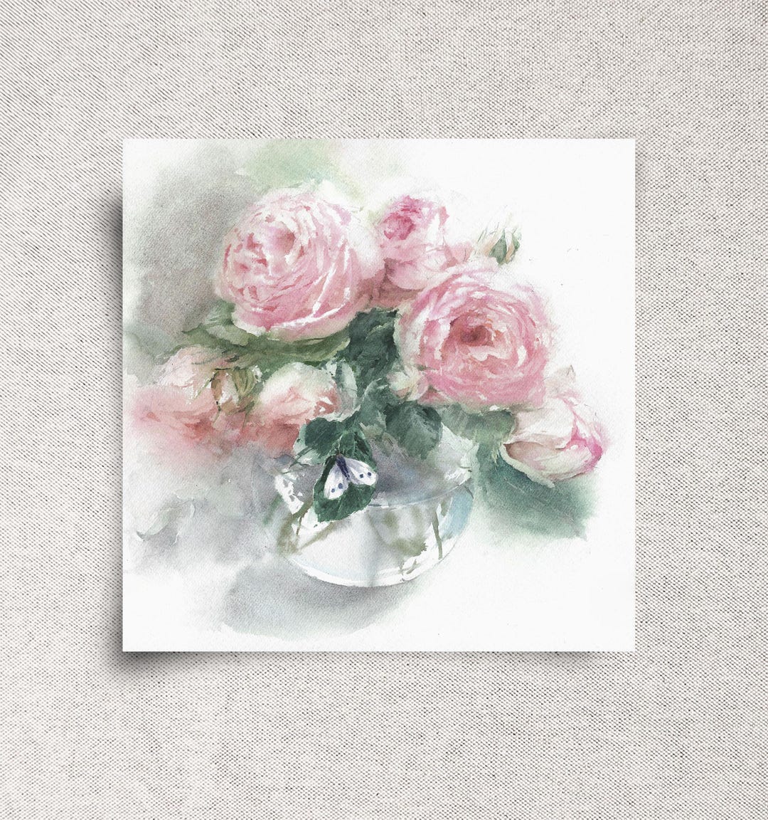 Pink Roses Original Watercolor Painting - Romantic Floral Artwork - 9x9 ...