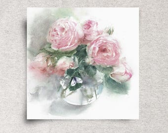 Pink Roses Original Watercolor Painting - Romantic Floral Artwork - 9x9"- Unframed