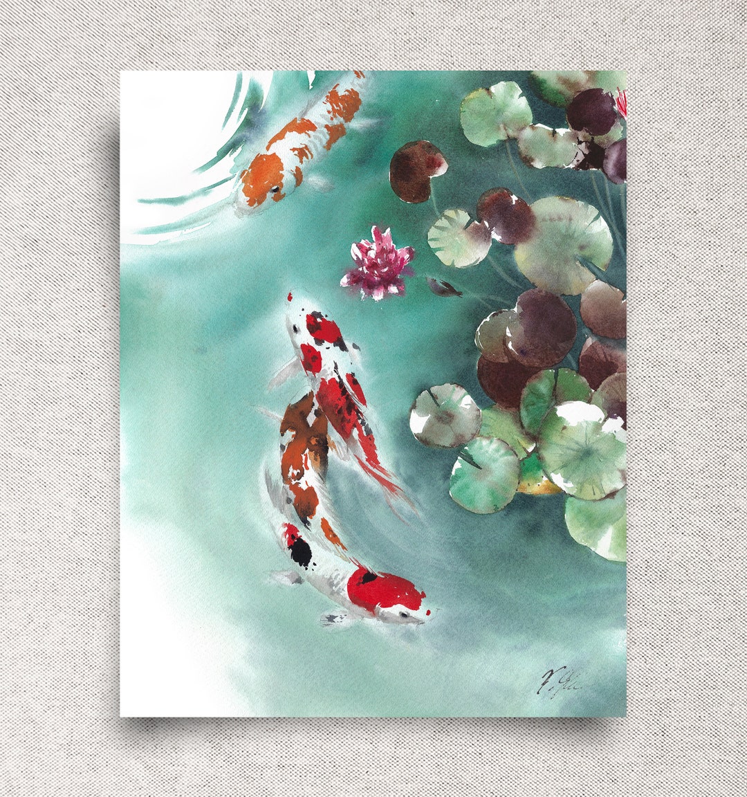 Koi Fish Original Watercolor Painting - Zen Wall Art - Japanese Garden ...