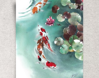 Koi fish original watercolor painting, Zen wall art, koi art home décor, Japanese fish artwork, birthday gift, 11x14", unframed