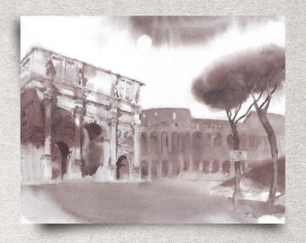 Colosseum ORIGINAL watercolor painting, Rome wall art, Italy travel gallery wall, neutral décor,  14x11", unframed