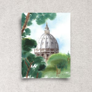 St. Peter&#39;s basilica ORIGINAL watercolor painting, Rome cityscape wall art, Italy home décor 9x12&quot;, unframed
