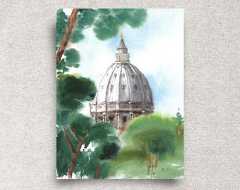 St. Peter's basilica ORIGINAL watercolor painting, Rome cityscape wall art, Italy home décor 9x12", unframed