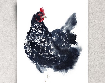 Chicken ORIGINAL  watercolor painting, black hen wall art, farm bird  kitchen décor, chicken lover gift, 11x14", unframed