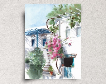 Mykonos House Original Watercolor Painting – Greece Coastal Wall Art – 9x12" – Unframed