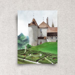 Swiss castle ORIGINAL watercolor painting, Switzerland landscape wall art, Gruyere home décor, 9x12&quot;, unframed