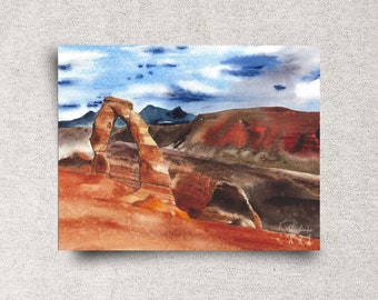 Delicate Arch ORIGINAL watercolor painting, Arches national park wall art, Utah landscape, La Sal mountains artwork, 12x9", unframed