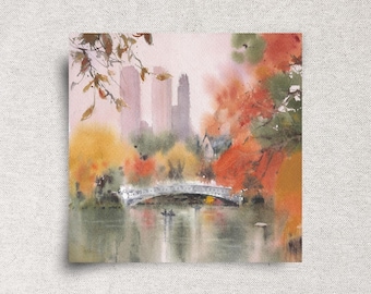 New York City Original Watercolor Painting - Central Park Pond Landscape  - Bow Bridge Artwork - 9x12"