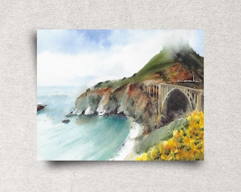 Bixby Bridge Original Watercolor Painting - California Shore Landscape - Big Sur Artwork