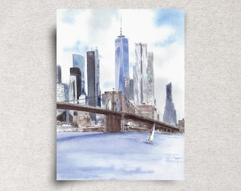 Brooklyn Bridge Original Watercolor Painting – New York City Skyline Art  – 12x9"