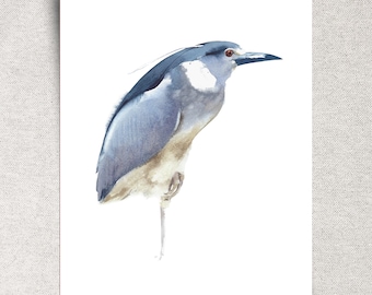 Heron ORIGINAL watercolor painting, black-crowned night heron bird wall art, bird lover gift, coastal home décor, 11x14", unframed