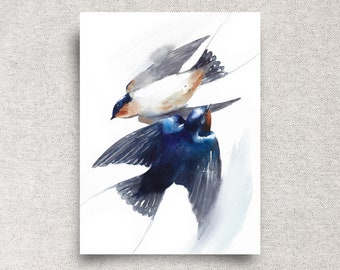 Swallows ORIGINAL watercolor painting, bird couple wall art, spring home décor, 9x12", unframed