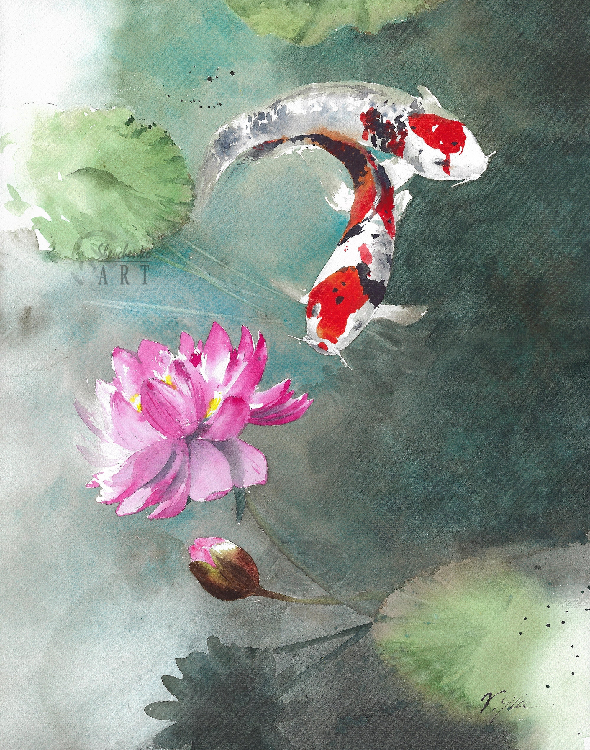 Koi Fish ORIGINAL Watercolor Painting - Zen Wall Art - Japanese Garden ...