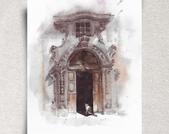 Old Door Original Watercolor Painting - Italian Architecture Print - Elegant Urban Wall Decor - 11x14" - Unframed
