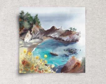 McWay Falls Big Sur Original Watercolor Painting - California Coastline Artwork - 9x9" - Unframed
