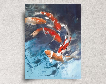 Koi fish original watercolor painting, Zen wall art, Feng Shui home décor, modern bathroom décor, housewarming gift, 9x12", unframed