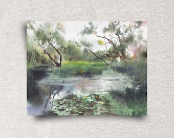 Sunset Landscape Original Watercolor Painting - Abstract Moody Artwork - Pink Green River Wall Art - 12x9"