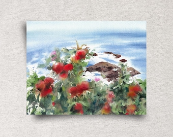 Rhode Island Seascape Original Painting - Beach Roses Artwork - East Coast Landscape Wall Art - 11x8.5"