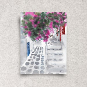 Mykonos Greece Original Watercolor Painting - Narrow Street Scene - White Houses Bougainvillea Art - Cyclades Island Gift Idea Decor - 9x12&quot;