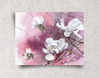 Magnolia Blossom Original Watercolor Painting - Spring Flowers Wall -  Pink Home Décor -  12x9"