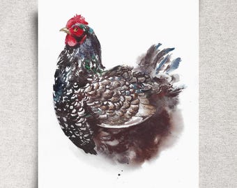 Silver Laced Chicken Original Watercolor Painting – Wyandotte Hen Artwork – 11x14" – Unframed